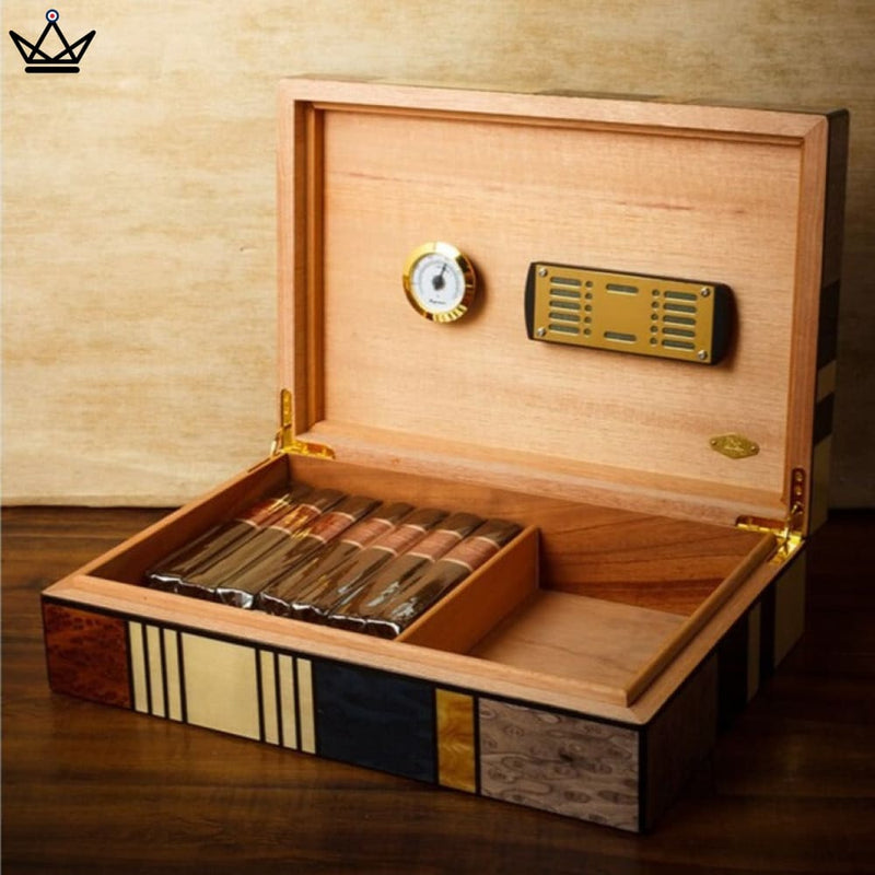 Art-Deco Cedar Wood Cigar Humidor Box with Hygrometer