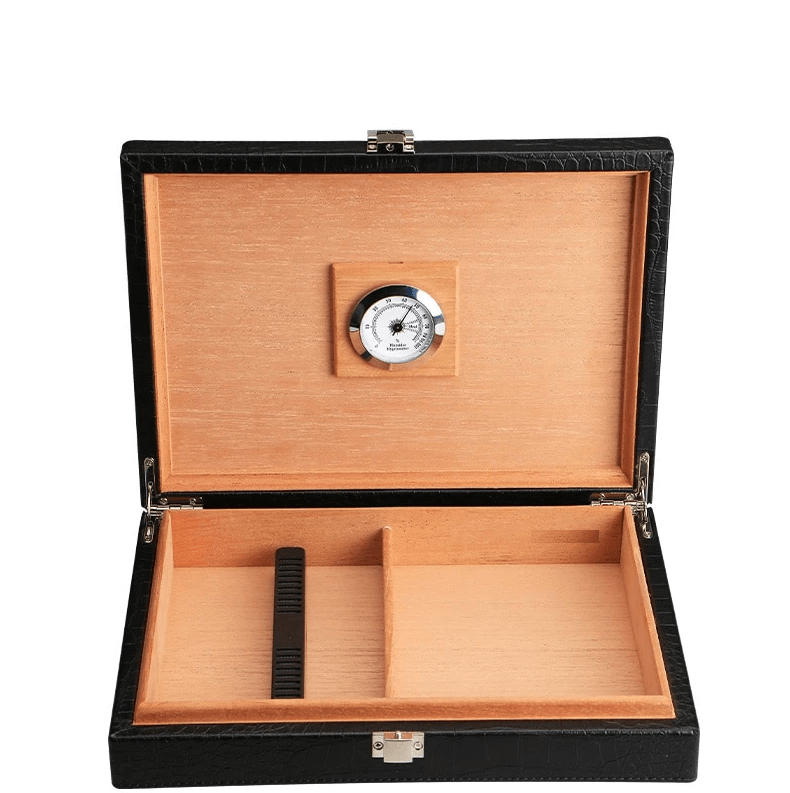 Elegant Black Leather Cigar Humidor Box