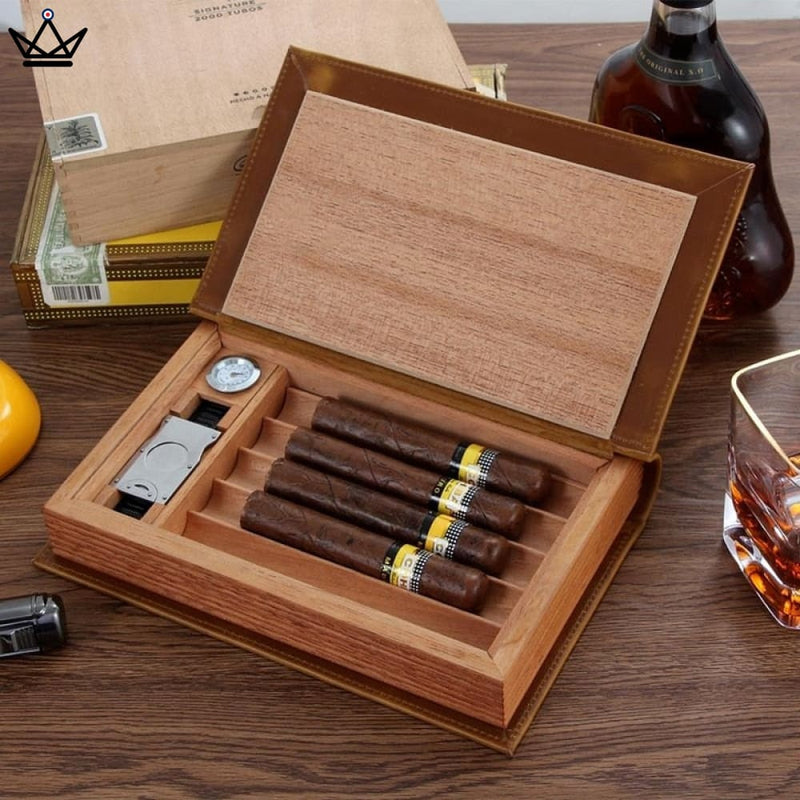 Leather Cedar Cigar Humidor Box - Discreet Book Design