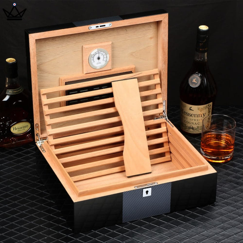 Carbon Fiber Cedar Cigar Humidor Box - 70 Capacity