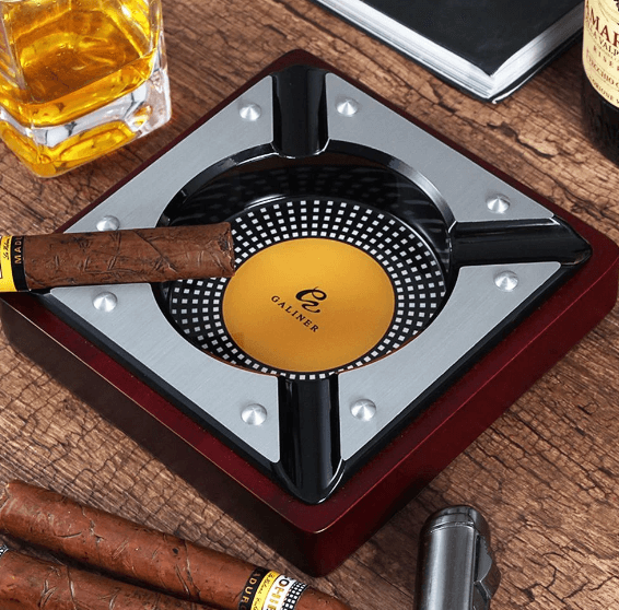 Luxury Wooden Cigar Ashtray with Metal Finish