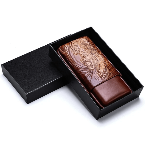 Portable Travel Cigar Humidor - Leather Tiger Design