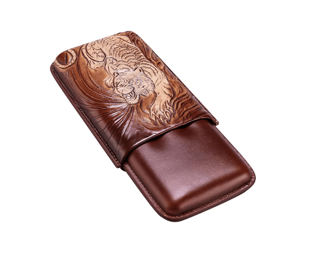 Portable Travel Cigar Humidor - Leather Tiger Design