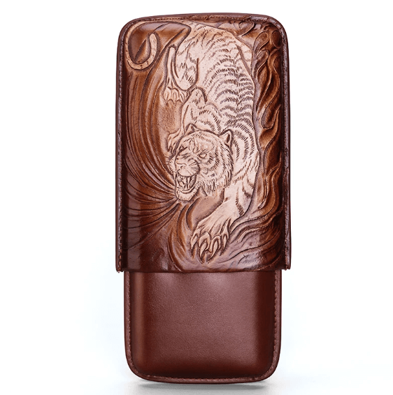 Portable Travel Cigar Humidor - Leather Tiger Design