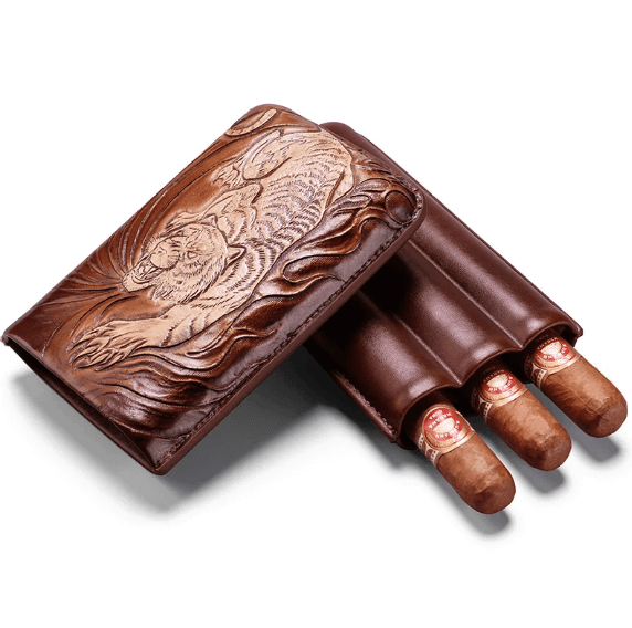 Portable Travel Cigar Humidor - Leather Tiger Design